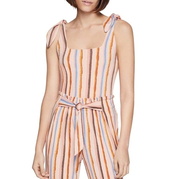 NWT BCBGeneration Revolve Multi Color Striped Tie Shoulder Thong Bodysuit - Picture 6 of 10